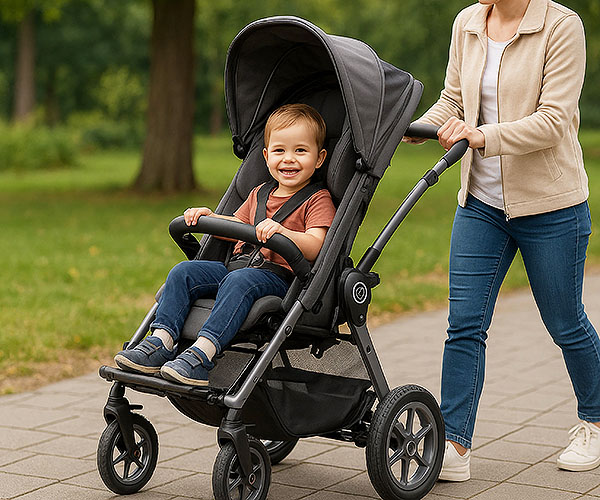 Kind sitzt gesichert in einem speziellen Kinderwagen für Reha-Zwecke im Freien