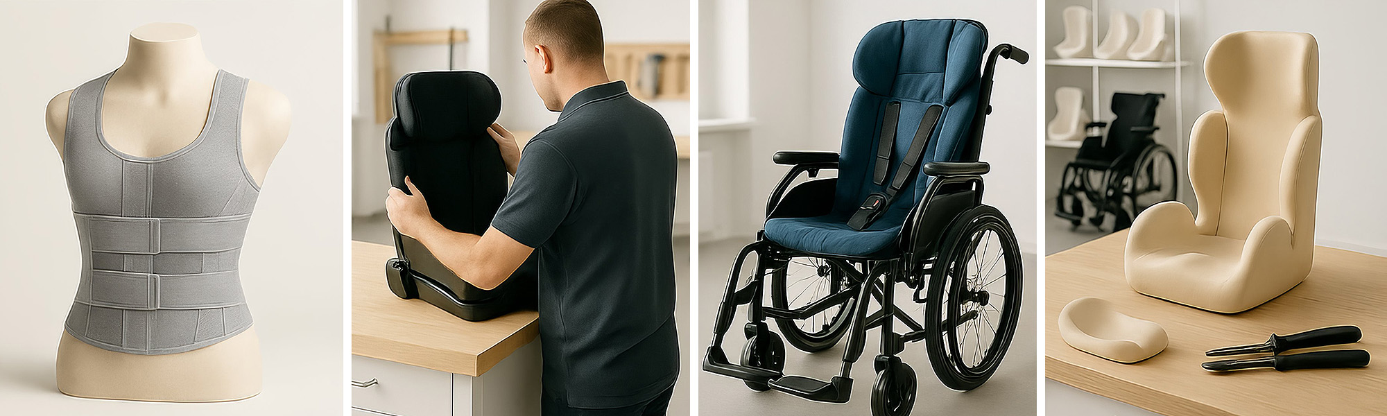 Produktübersicht Mobilität: Rollstuhl, Rollator, Kindersitz und Unterarmgehstützen auf weißem Hintergrund