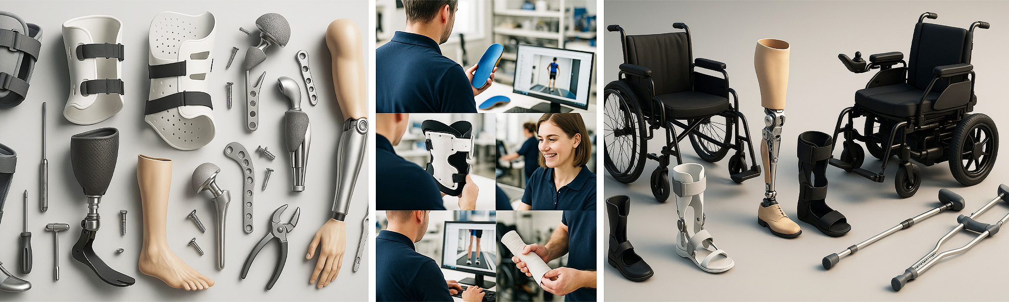 Übersicht orthopädischer Hilfsmittel wie Prothesen, Orthesen, Rollstuhl, Einlagen und Anpassungssituationen in der Orthopädietechnik