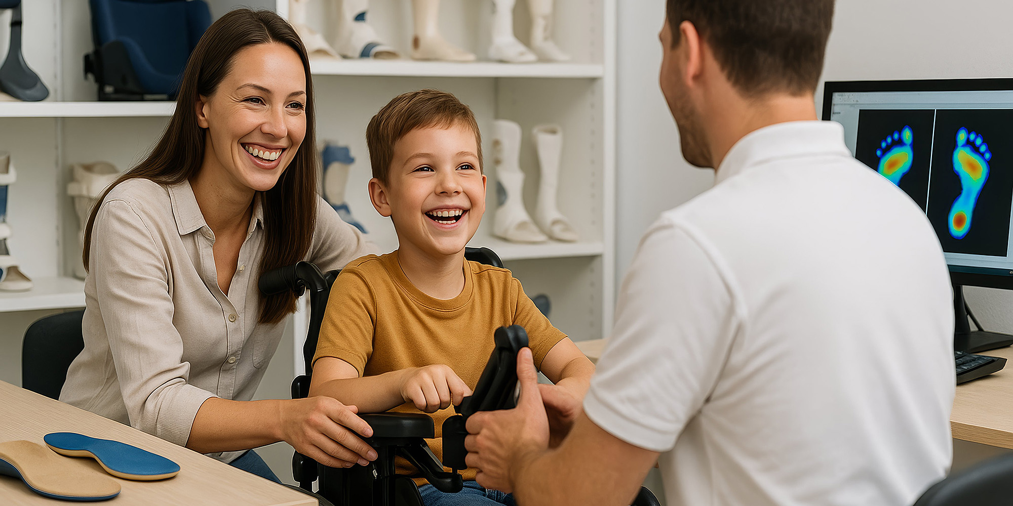 Beratungssituation mit Mutter und Kind, ein Sitzhilfsmittel wird gezeigt und erklärt