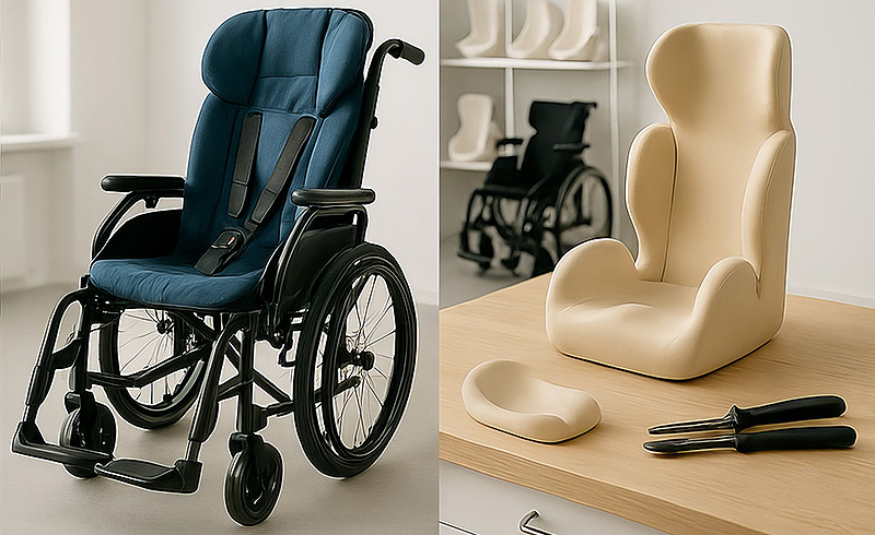 Orthopädischer Kinderrollstuhl und maßgefertigte Sitzschale liegen auf einem Tisch in einem Werkraum