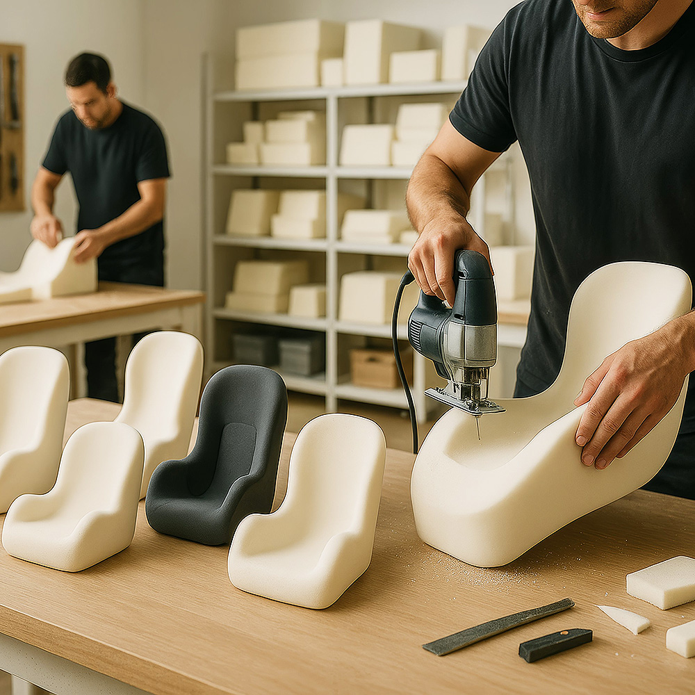 Manuelle Bearbeitung von ergonomischen Sitzschalen aus Schaumstoff in einer Werkstatt