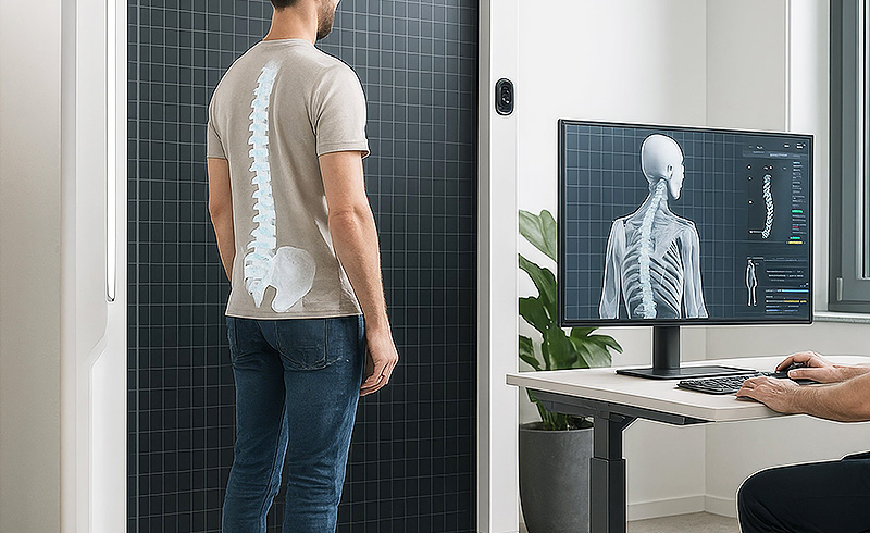 3D-Rückenvermessung eines Mannes im Stehen vor Messwand, Darstellung der Wirbelsäule auf einem Computerbildschirm