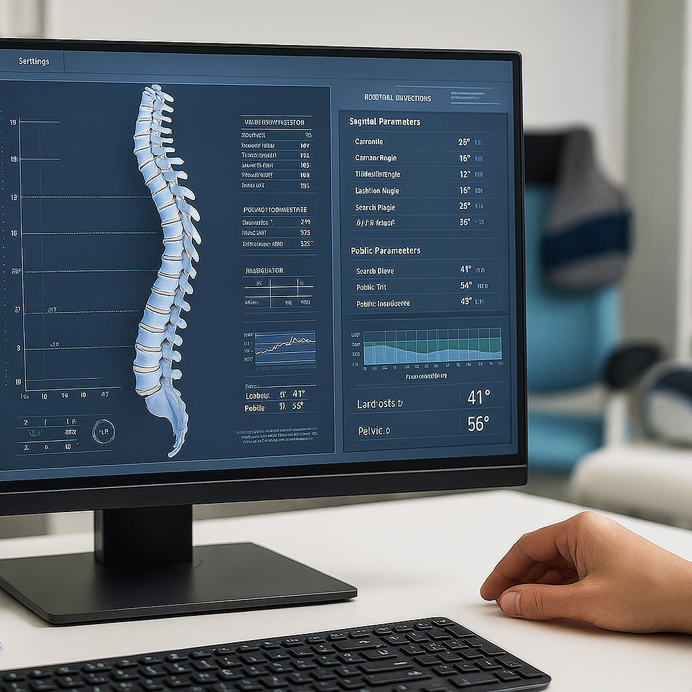 Detailansicht eines Monitors mit digitaler Wirbelsäulenanalyse und Messwerten zur Körperhaltung