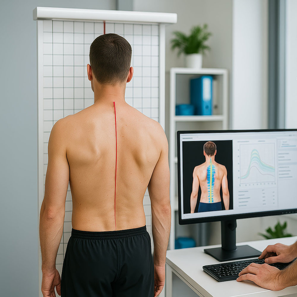 Rückenanalyse eines Mannes mit markierter Wirbelsäulenlinie, Vergleich der Körperhaltung auf einem Bildschirm